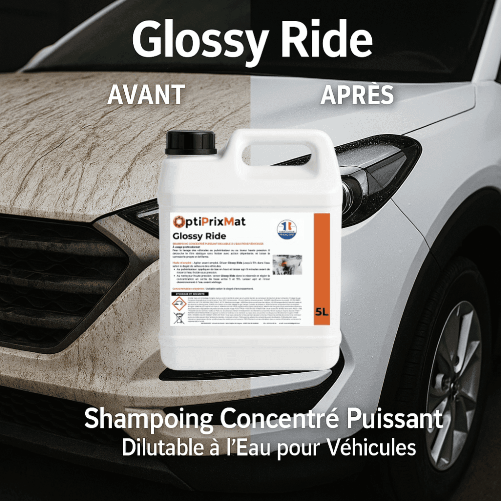 GLOSSY RIDE  – Shampoing Carrosserie Déperlant Professionnel – Bidon de 5 Litres