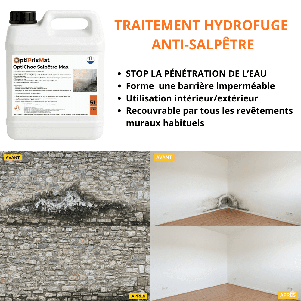 OptiChoc Salpêtre Max – Hydrofuge Anti-Salpêtre Concentré 5L – Jusqu’à 125 m² traités après dilution