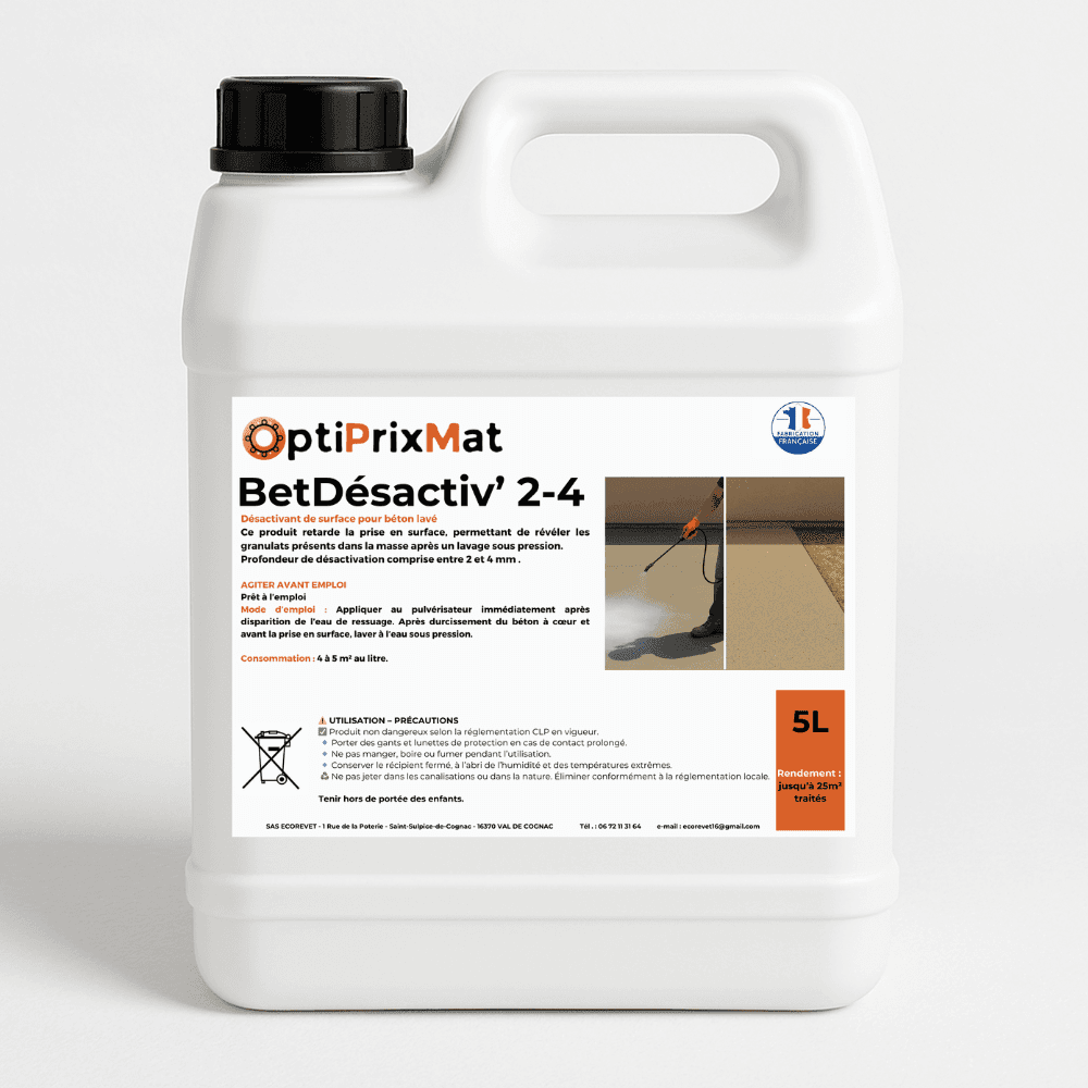 BétDésactiv’ 2-4 – Désactivant Béton Lavé Prêt à l’Emploi – Bidon de 5 Litres = 25m² – OptiPrixMat
