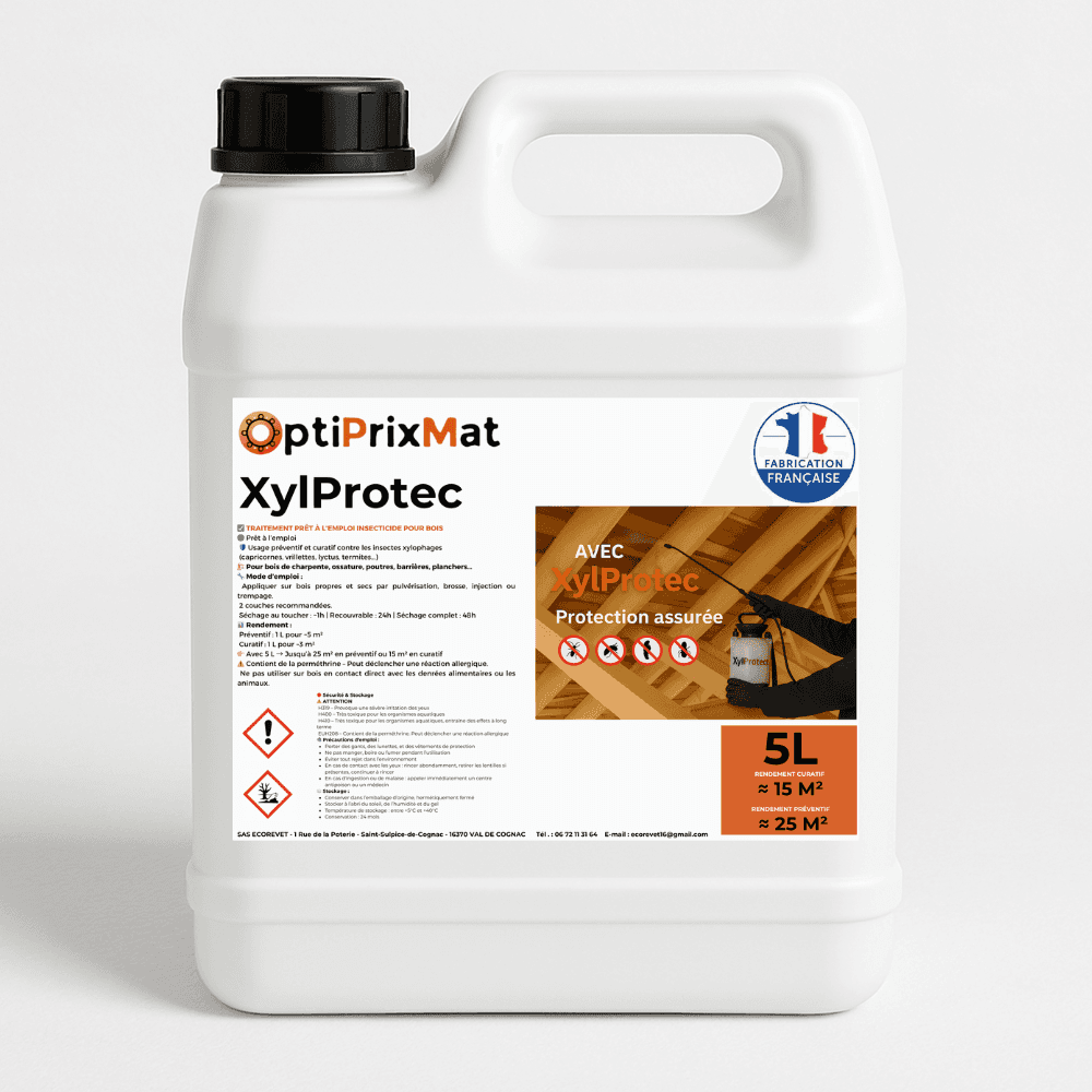 XylProtec – Traitement Insecticide Bois Prêt à l’Emploi – Préventif & Curatif – Rendement jusqu’à 25 m² – Élimine Capricorne, Vrillettes, Lyctus, Termites – Bidon 5 Litres – Fabrication Française