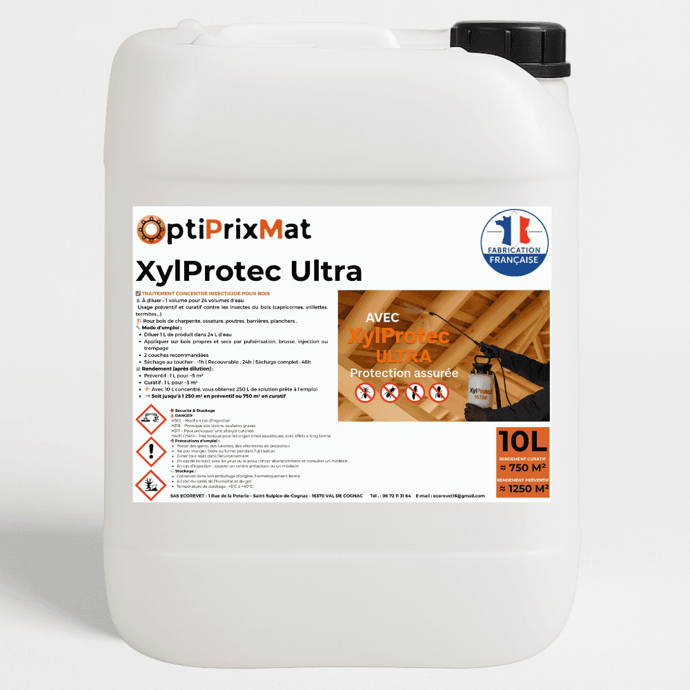 XYLPROTEC ULTRA – Traitement Bois Insecticide 10 L (Rendement après dilution : 750 m² curatif / 1 250 m² préventif)