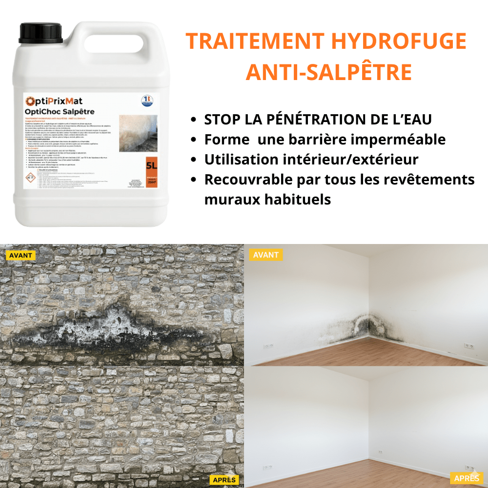 OptiChoc Salpêtre – Traitement anti-salpêtre & hydrofuge Intérieur/Extérieur – Jusqu’à 10 m² (2L) / 25 m² (5L)