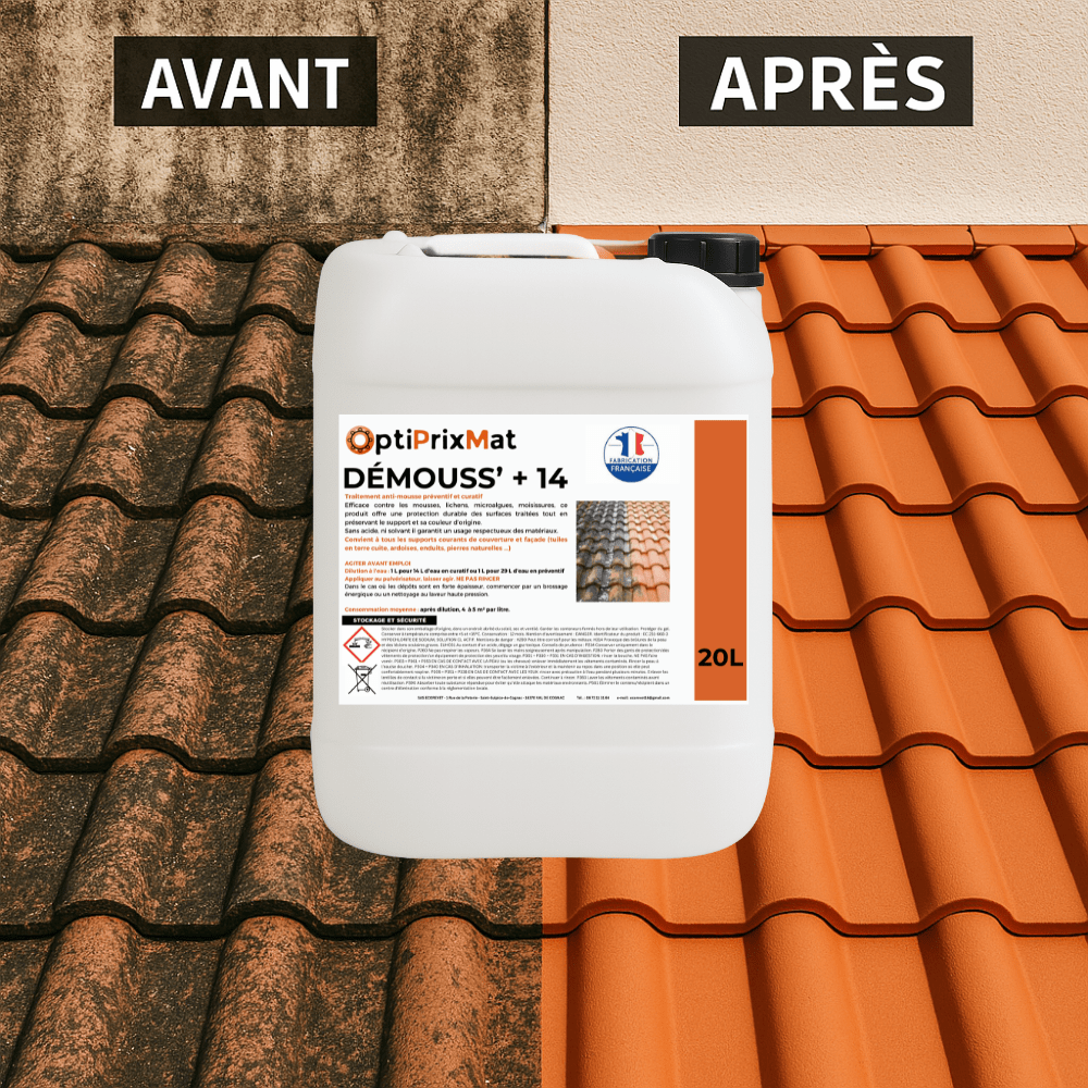 DEMOUSS’+14 – Démoussant toiture Ultra Concentré Professionnel 20 Litres