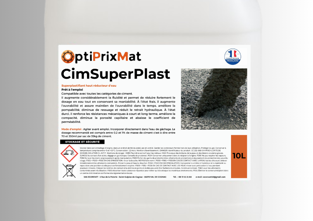 superplastifiant béton réducteur d’eau, adjuvant béton, plastifiant ciment, additif chape fluide, Optiprixmat, CimSuperPlast, béton haute performance