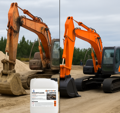 Avant / Après nettoyage d’un engin de chantier avec ENGIN’CLEAN – Dégraissage sans effort – Finition brillante – Shampoing Poids Lourd et engins Bidon 20L