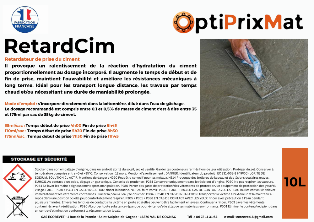 retardateur prise ciment RetardCim bidon 10L pour béton et mortier