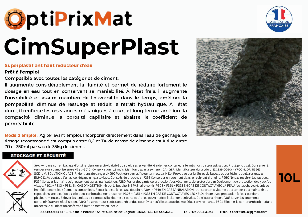 superplastifiant béton réducteur d’eau, adjuvant béton, plastifiant ciment, additif chape fluide, Optiprixmat, CimSuperPlast, béton haute performance