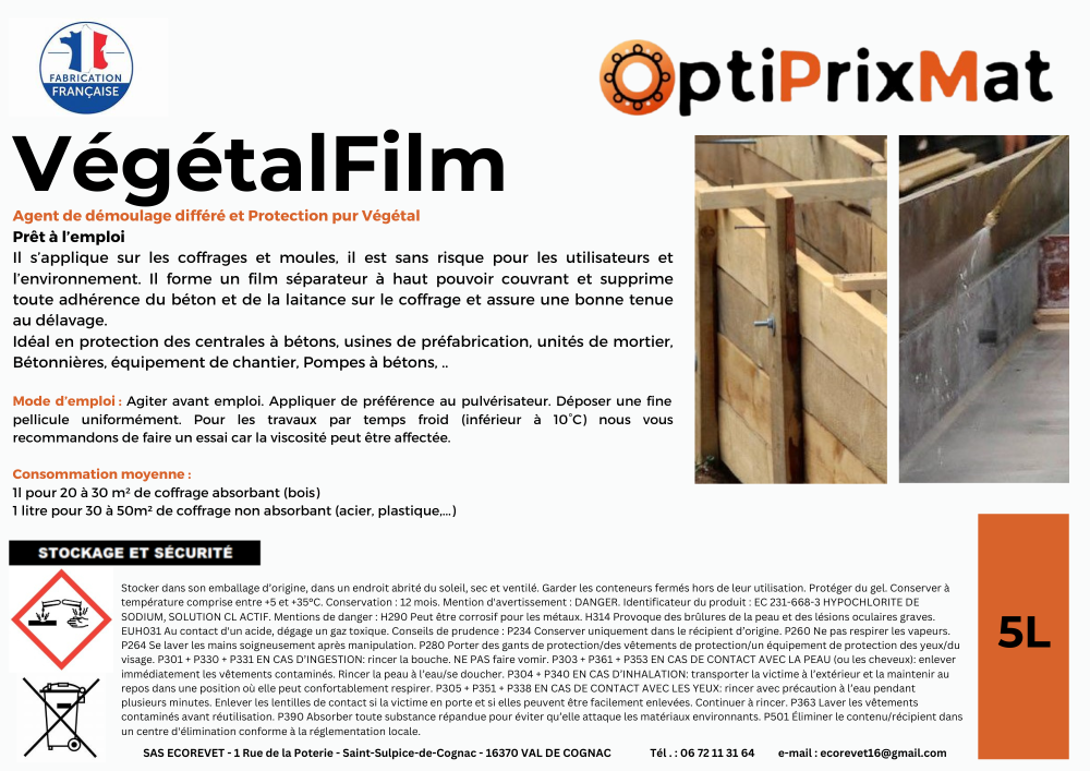 agent de démoulage végétal coffrage béton VégétalFilm 5L