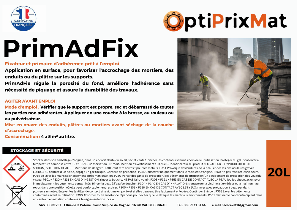 PrimAdFix - Fixateur primaire d'adhérence mortier, enduit, plâtre - 20L