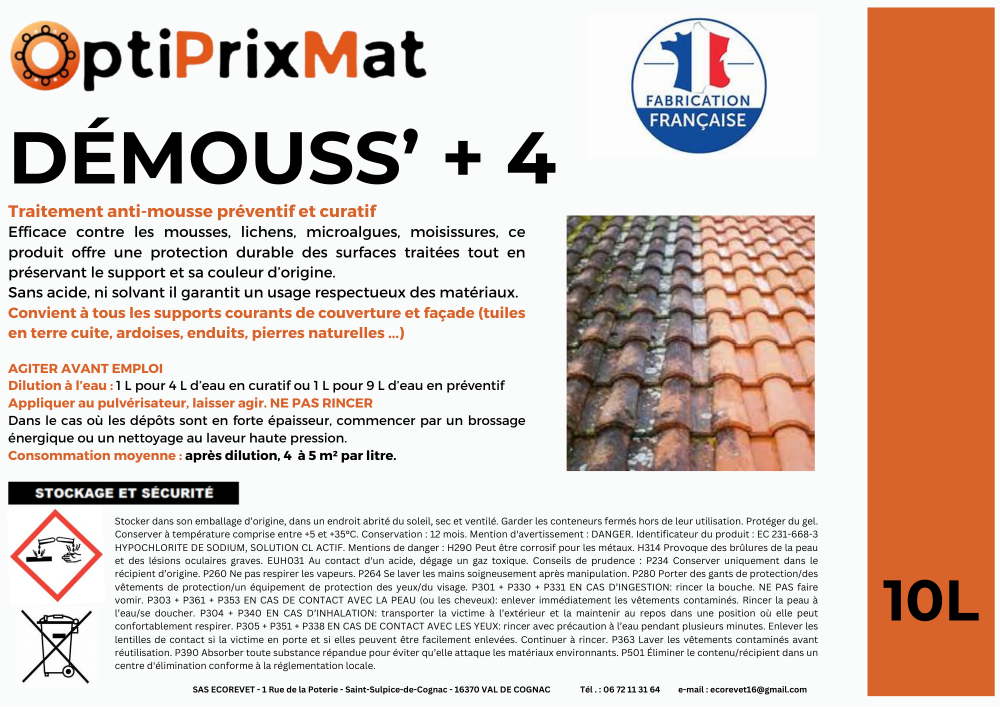 Avant/Après traitement avec DEMOUSS+ 4 – Bidon 10L Optiprixmat – jusqu’à 500 m² traités