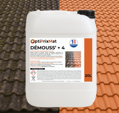 🧪 DEMOUSS+ 4 – Nettoyant Traces Vertes Super Concentré 🌿 Conditionnement : Bidon de 20 litres Marque : Optiprixmat Référence produit : L402 ✨ Nettoyant traces vertes curatif et préventif DEMOUSS+ 4 est un nettoyant traces vertes curatif et préventif très concentré, à diluer à l’eau, destiné au nettoyage en profondeur des toitures, façades, murs et sols extérieurs. Il élimine efficacement les mousses, algues, lichens et traces vertes tout en respectant les supports. Sans acide ni solvant, il agit durablement grâce à son effet rémanent. Idéal pour une utilisation sur tuiles, ardoises, pierres naturelles, enduits et bétons. Facile à appliquer, il ne nécessite aucun rinçage. Une solution économique, performante et respectueuse des matériaux. 📐 Rendement exceptionnel 🧼 En curatif (1:4) : jusqu’à 500 m² traités par bidon 🛡️ En préventif (1:9) : jusqu’à 1000 m² couverts ✅ Avantages clés 🌿 Éradique mousses, algues, lichens 💧 Sans rinçage – action longue durée 🧱 Respecte les supports et couleurs 🧪 Formule concentrée sans acide ♻️ Économique grâce à sa dilution élevée 🧲 Pour les pros de la toiture & façade Que vous soyez couvreur, façadier ou particulier exigeant, DEMOUSS+ 4 vous garantit un nettoyage durable des supports extérieurs. Il facilite aussi l’accroche des revêtements (peintures, hydrofuges) sur supports sains et décontaminés. 🧪 Mode d’emploi Agiter avant emploi Dilution : 1:4 en curatif, 1:9 en préventif Application au pulvérisateur Ne pas rincer – laisser agir naturellement Brossage ou nettoyage haute pression possible en cas de dépôt épais 🔒 Précautions d'emploi Produit classé dangereux : porter gants, lunettes et vêtements adaptés. Éviter l’application en plein soleil ou par temps de pluie. Éviter le ruissellement vers les plantes sensibles ou les plans d’eau. 🔗 Liens utiles Tous nos produits anti-mousse et nettoyants Optiprixmat Voir le format DEMOUSS+ 4 – Bidon 10L (bientôt disponible) INRS – Institut national de recherche et de sécurité CSTB – Centre Scientifique et Technique du Bâtiment Nettoyant Traces Vertes Curatif et Préventif – DEMOUSS+ 4 | Bidon 20L Optiprixmat