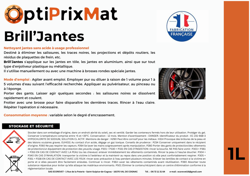 Brill'Jantes 1 Litre - Nettoyant jantes professionnel sans acide – Bidon 1L – Optiprixmat