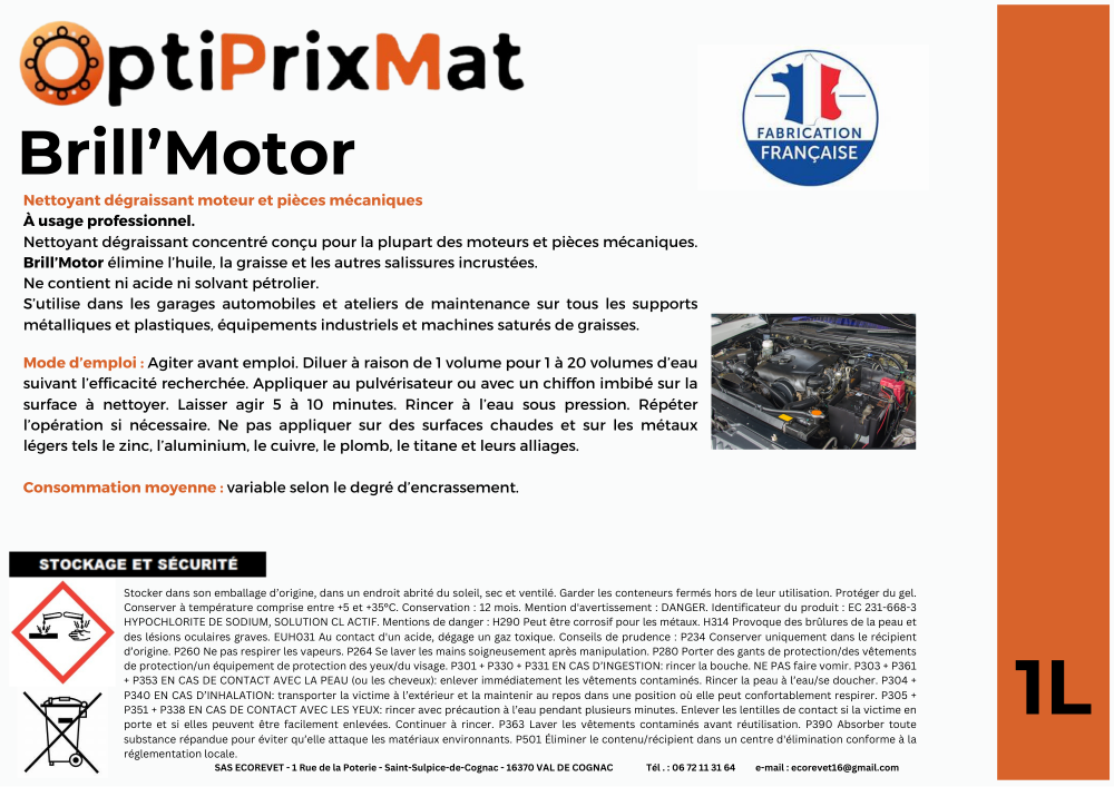 dégraissant moteur et pièces mécaniques professionnel Visuel bidon Optiprixmat Brill'Motor 1 L