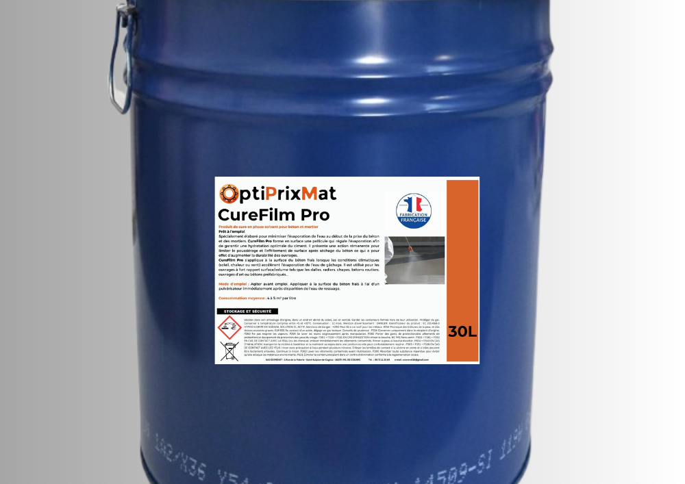 Produit de cure solvanté pour béton – Fût 30L – Jusqu’à 150 m² de surface traitée-CureFilm Pro 30L AVEC ET SANS-OptiPrixMat