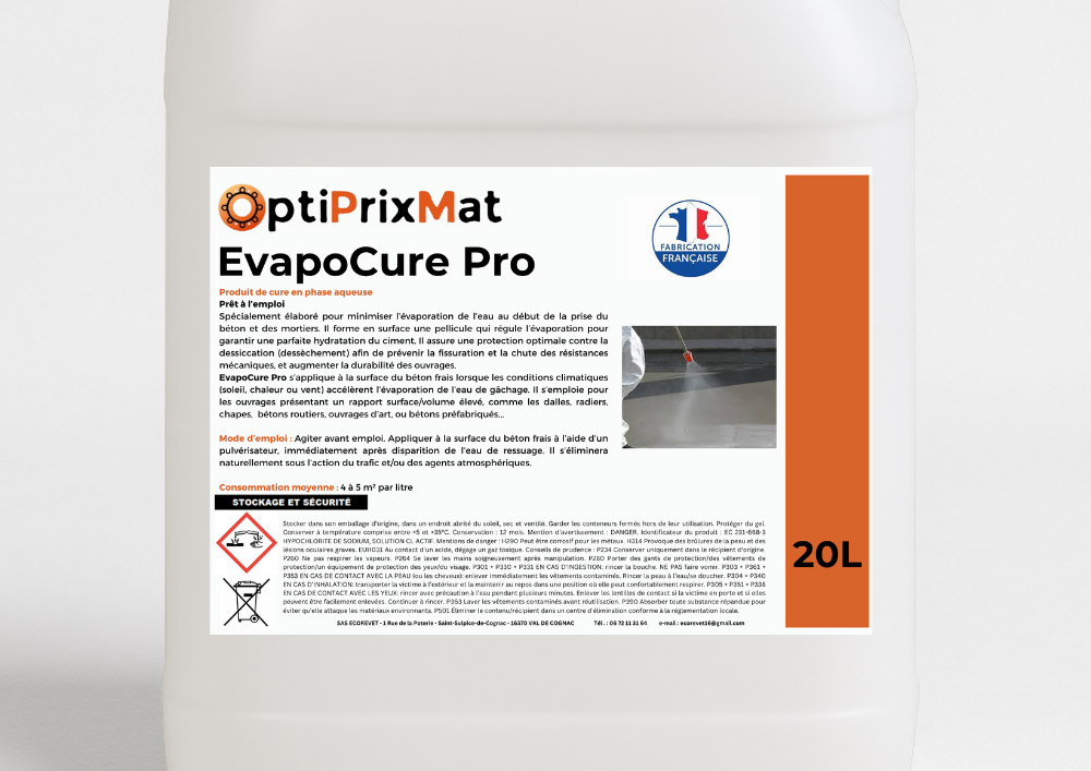 Produit de cure pour béton en phase aqueuse – Bidon 20L – Jusqu’à 100 m² traités EvapoCure Pro - 20L – Optiprixmat