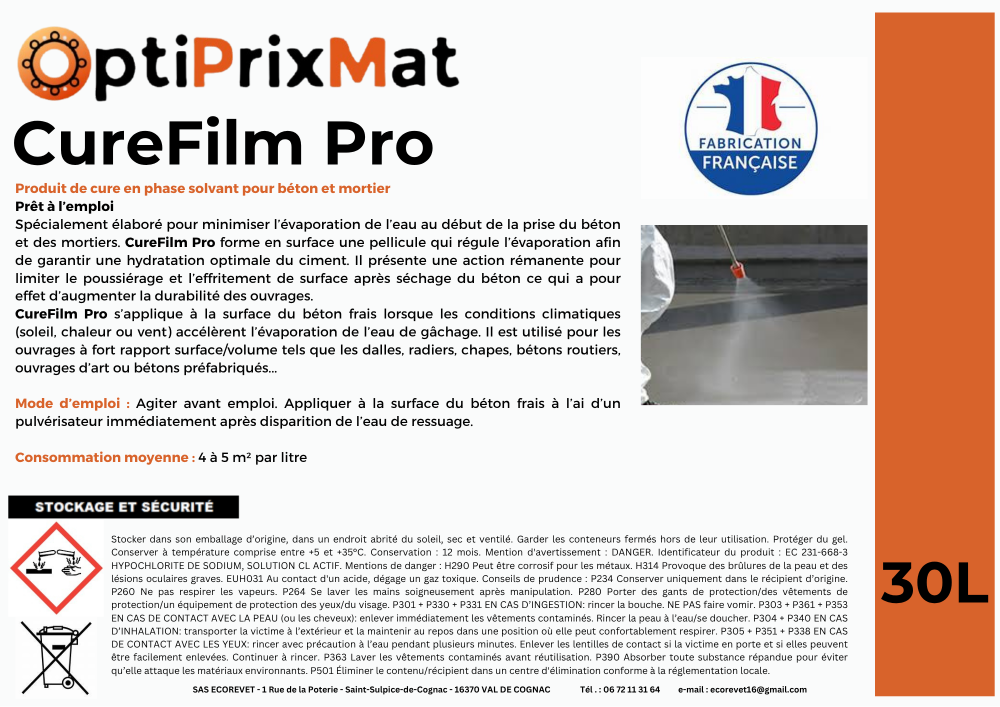 Produit de cure solvanté pour béton – Fût 30L – Jusqu’à 150 m² de surface traitée-CureFilm Pro 30L AVEC ET SANS-OptiPrixMat