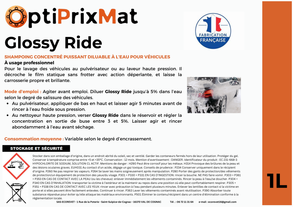 Glossy Ride Shampoing Carrosserie Déperlant Professionnel