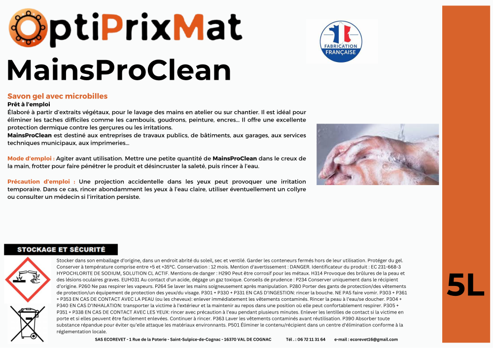MainsPro Clean – Savon Gel Microbilles Professionnel – Le savon idéal pour les mains très sales en atelier ou sur chantier– 5 Litres avec Pompe