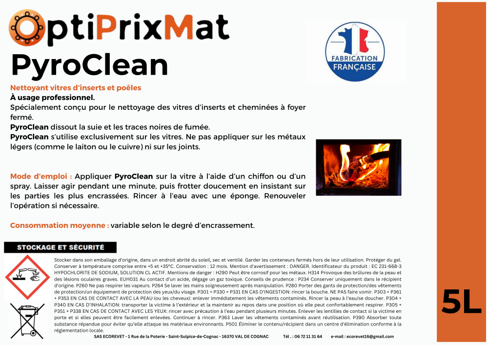 PYROCLEAN – Nettoyant Vitre d’Insert Professionnel contre la suie et les traces de fumée – 5 Litres