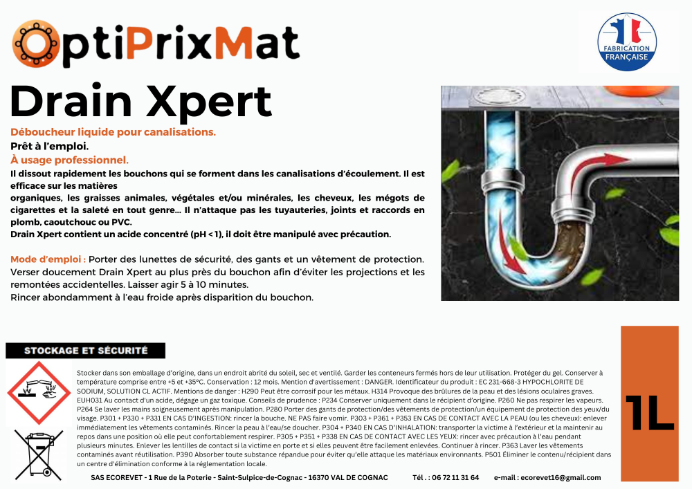Drain Xpert – Déboucheur Liquide Professionnel Ultra-Efficace Pour Tous Types de Canalisations– 1 Litre