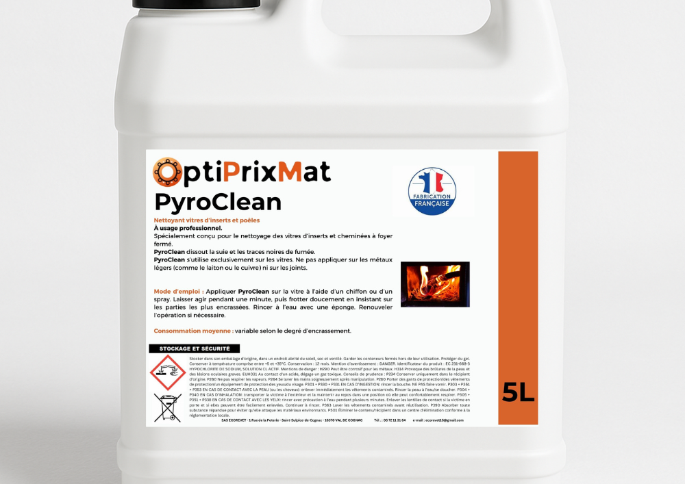 PYROCLEAN – Nettoyant Vitre d’Insert Professionnel contre la suie et les traces de fumée – 5 Litres