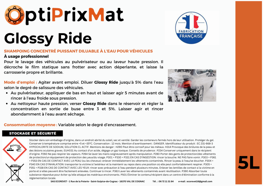 Shampoing Carrosserie Déperlant Professionnel – GLOSSY RIDE 5L | Optiprixmat